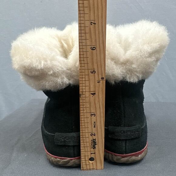 Sorel Out N About Bootie 7 Black Sherpa Faux Fur Outdoorsy Leather Suede Winter - Picture 14 of 14